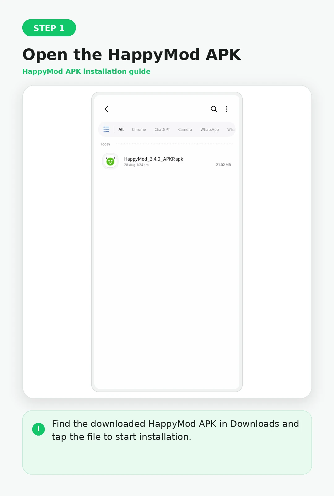 Open the downloaded HappyMod APK file on Android