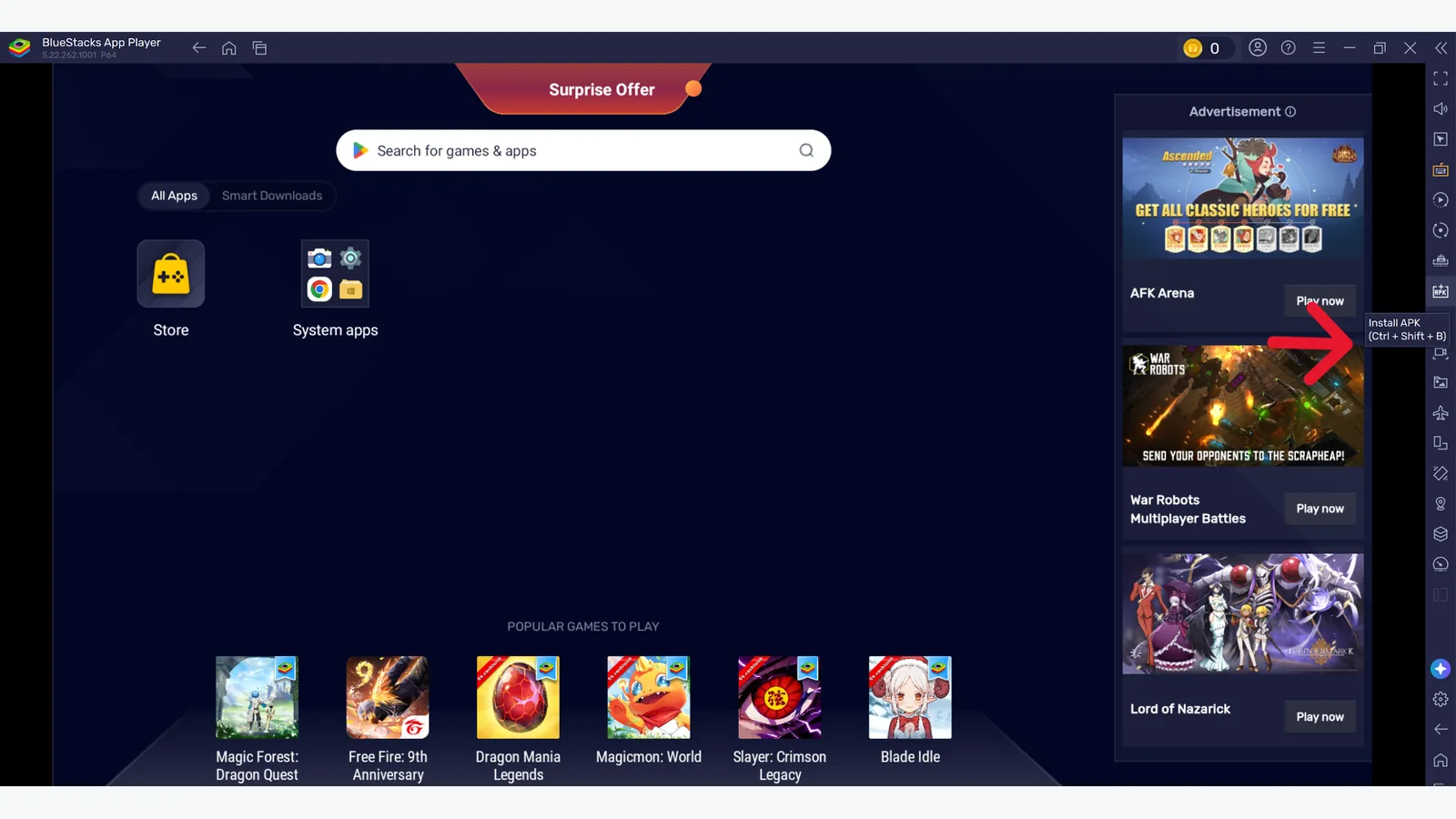 BlueStacks Install APK option highlighted on the side menu