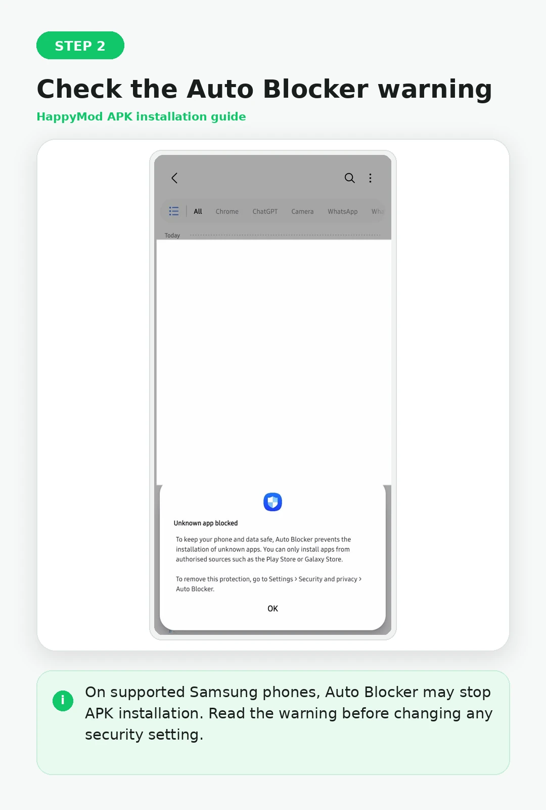 Samsung Auto Blocker warning during HappyMod APK installation