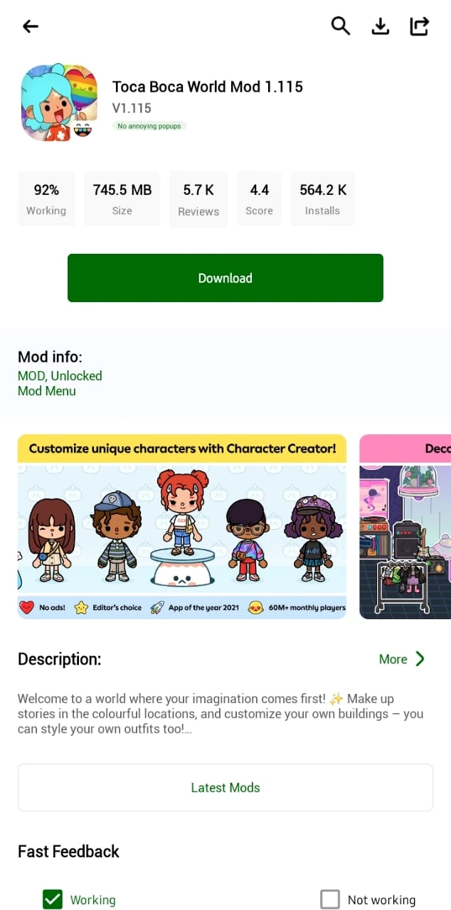 Check HappyMod MOD details and working score