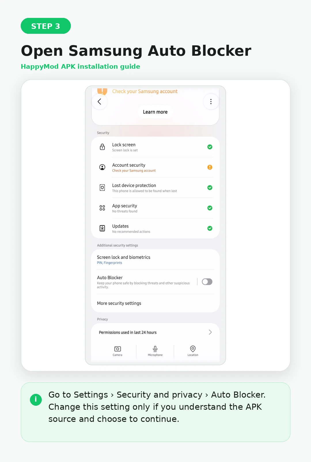 Disable Samsung Auto Blocker to continue HappyMod installation