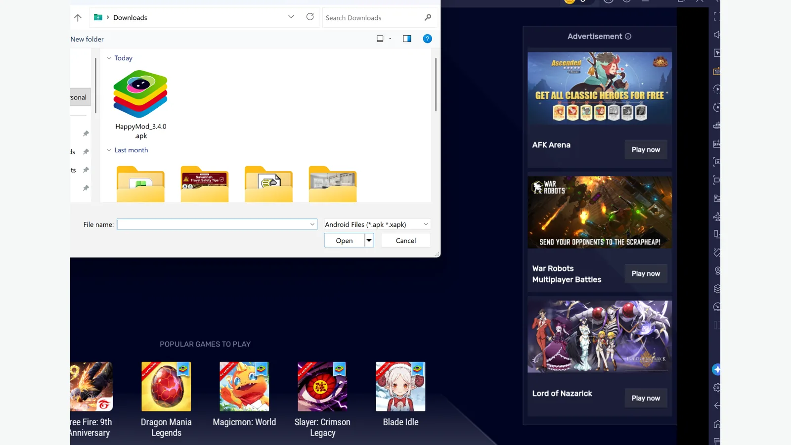 Select HappyMod APK file from Windows Downloads for BlueStacks