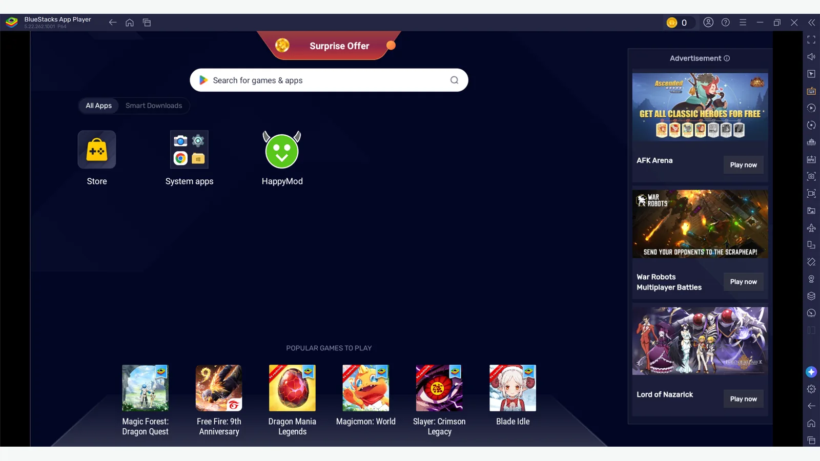 HappyMod installed on BlueStacks home screen on Windows PC