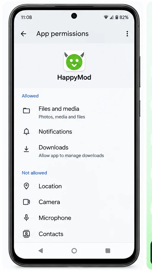 Android app permissions screen for checking HappyMod APK access