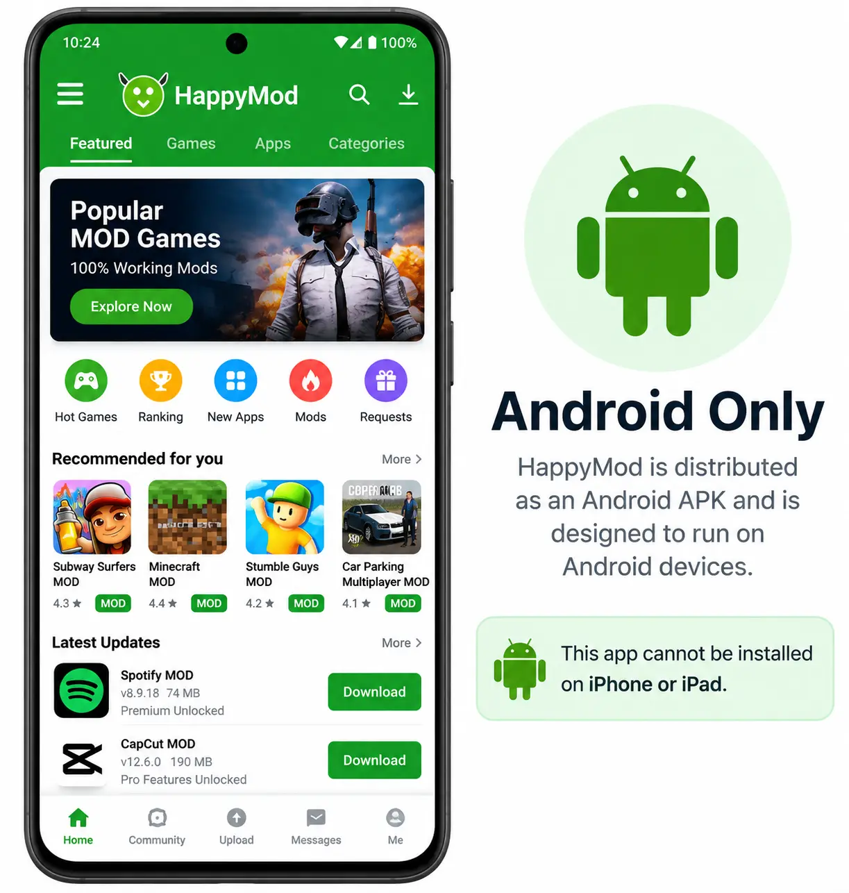 HappyMod Android APK shown as Android only and not available for iPhone or iPad