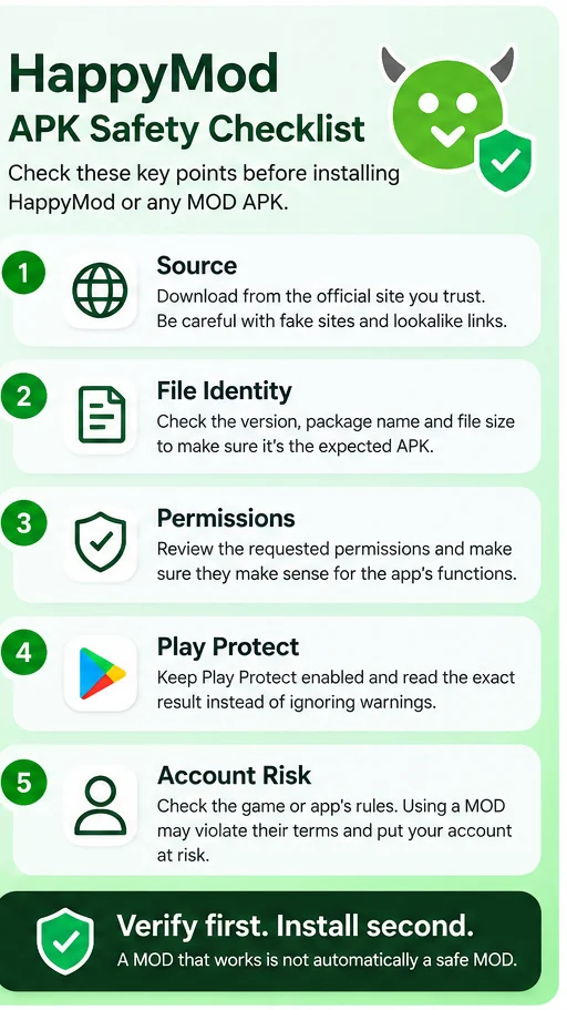 HappyMod APK safety checklist covering source permissions Play Protect and account risk