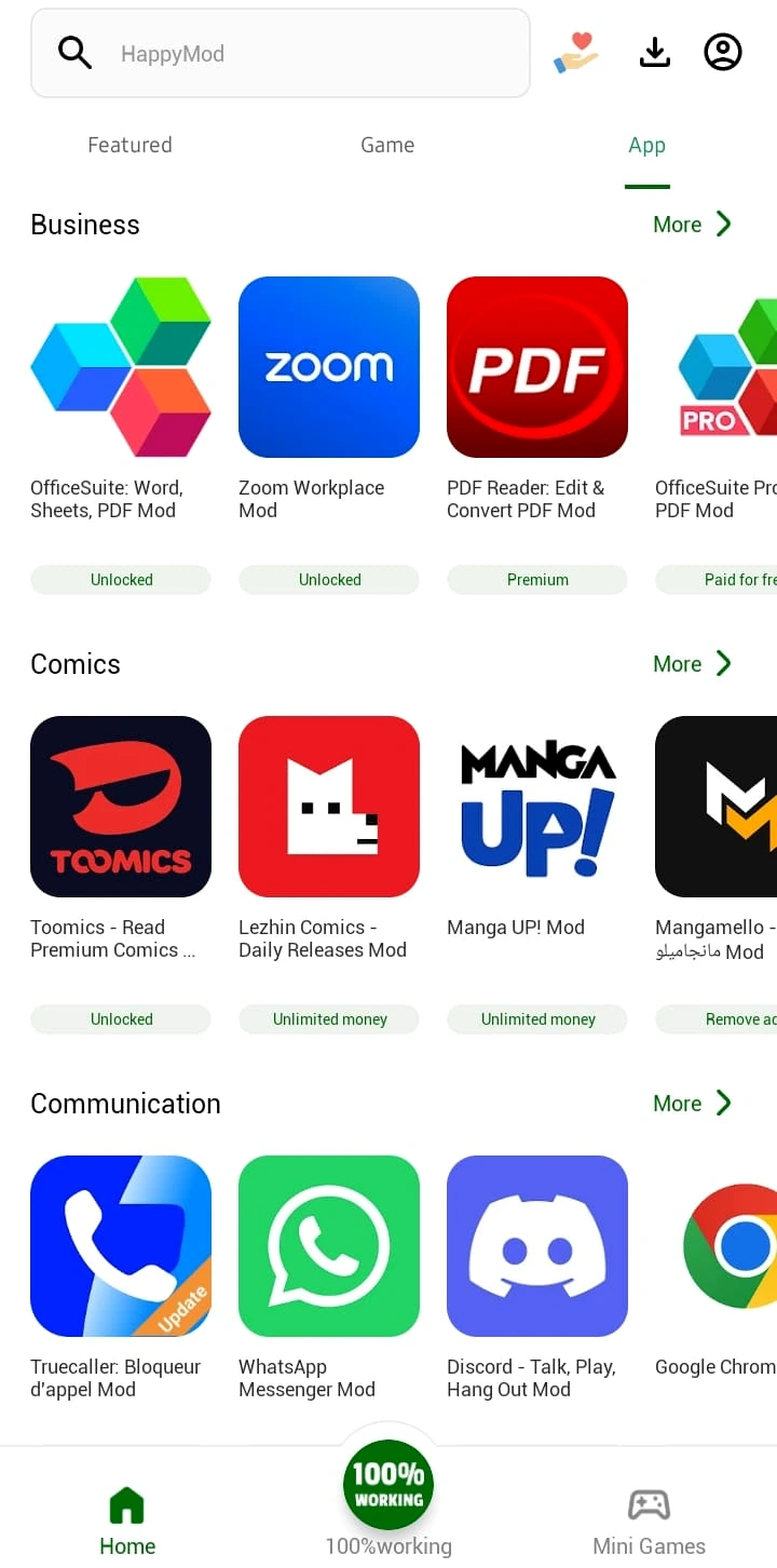 HappyMod app categories screen