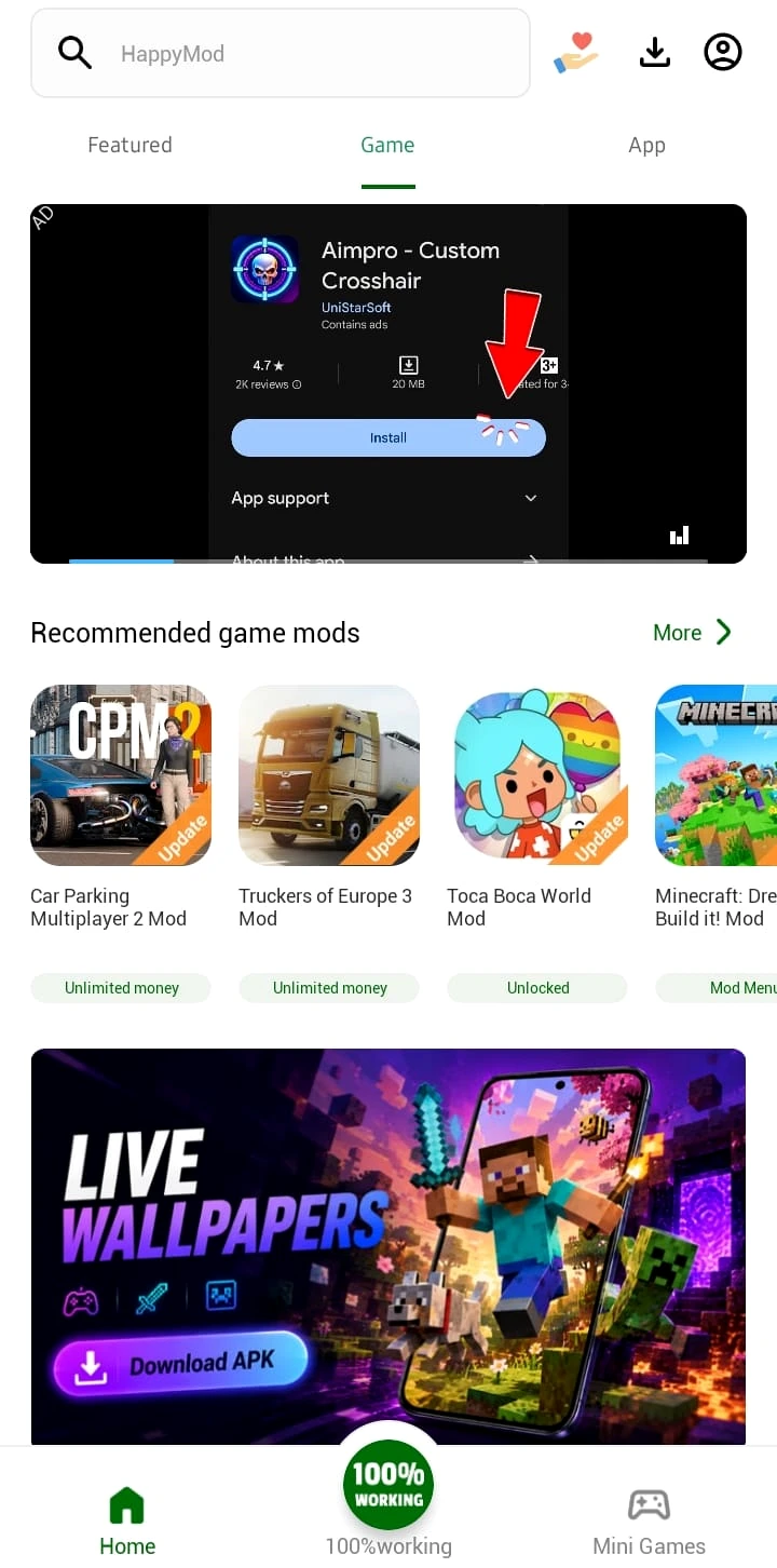 HappyMod Game MODs home screen