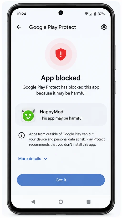 Google Play Protect warning shown while checking a HappyMod APK