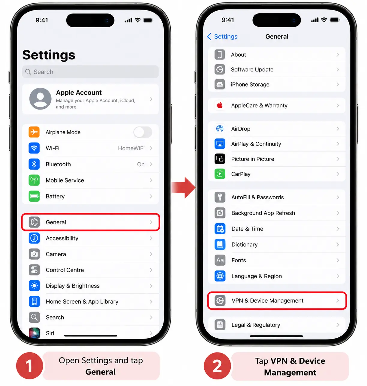 iPhone Settings showing General and VPN and Device Management for checking configuration profiles