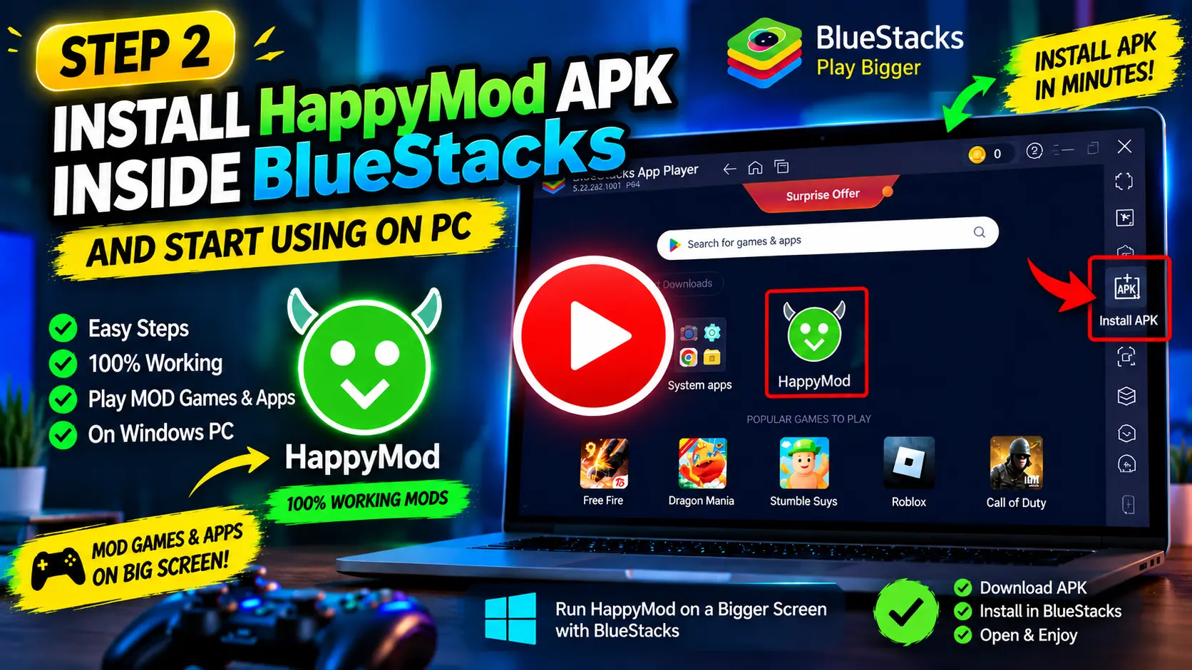 Video guide for installing and launching HappyMod APK in BlueStacks on PC